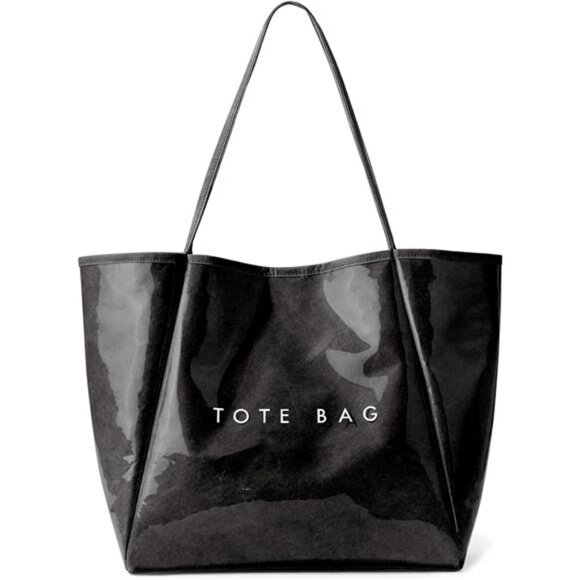 Women’s Large PVC Black Tote Bag Oversized Shopper Handbag with Shoulder Straps - Picture 2 of 6